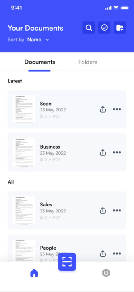 Scan UP – Secure Scanner - Scan UP app interface showing a list of organized PDF documents including business and sales files
