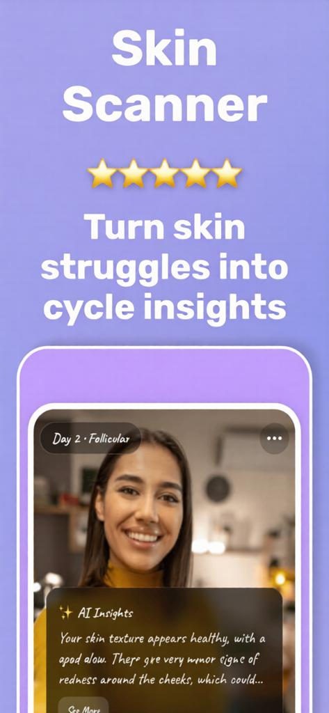 Poppy - AI Period Tracker - Poppy AI Period Tracker app interface showing the Skin Scanner feature which provides hormonal cycle insights based on skin analysis