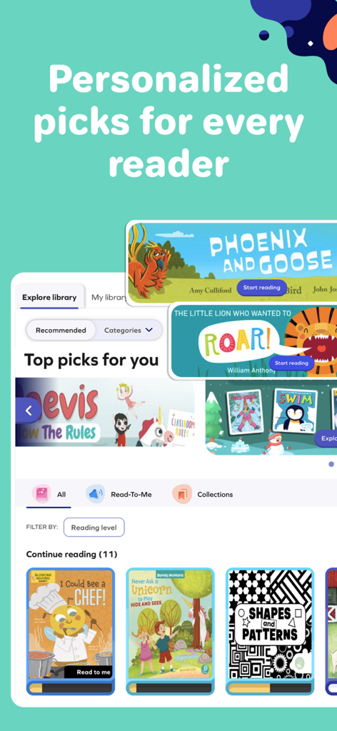 Interfaz de Splash Books que muestra recomendaciones de libros personalizadas y categorías de biblioteca para niños