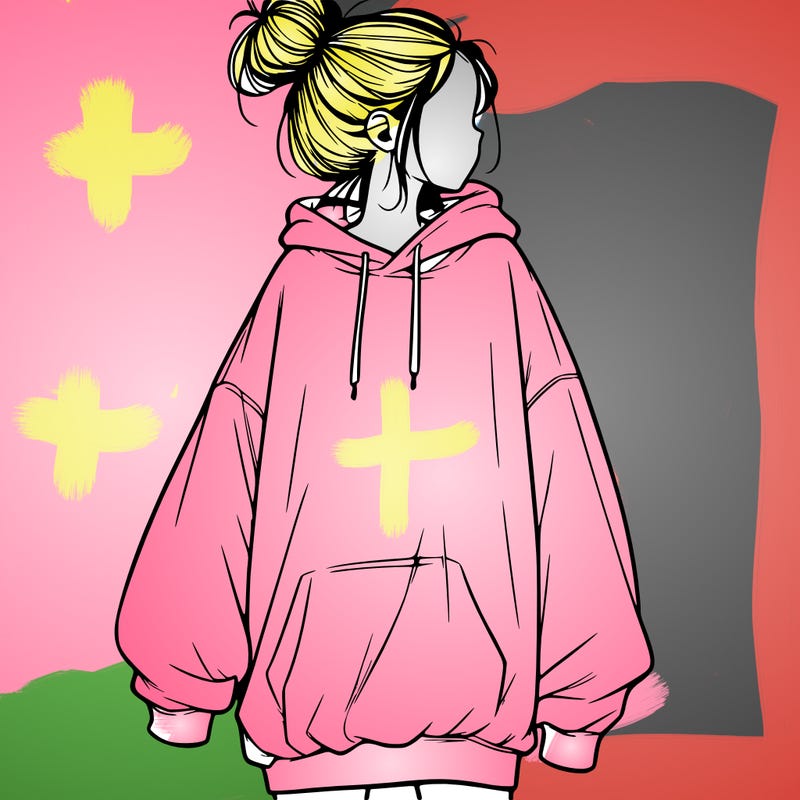 realistic girl with a oversized sweatshirt on and a bun