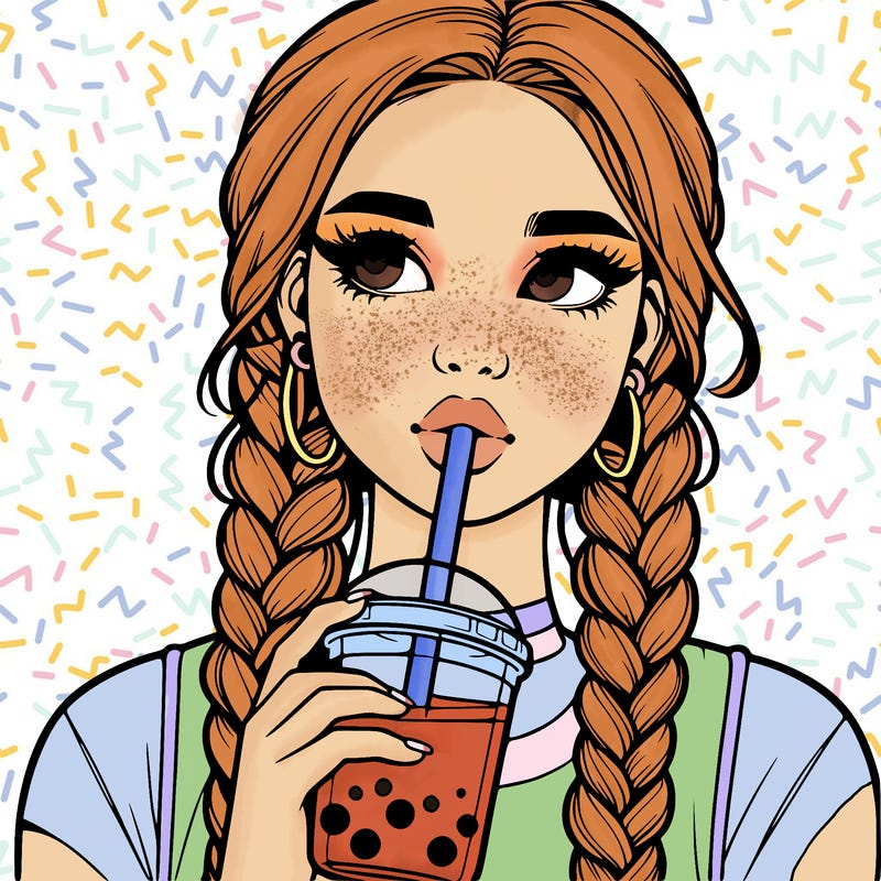 realistic girl with braided hair drinking boba