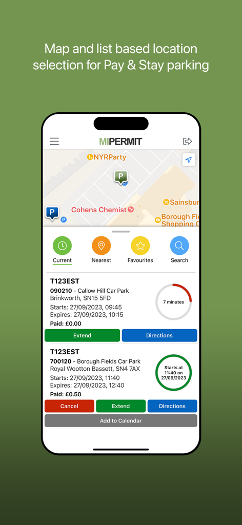 MiPermit - MiPermitモバイルアプリインターフェース。駐車場所とアクティブな駐車セッションのリストを表示し、延長または経路案内オプションがあります。