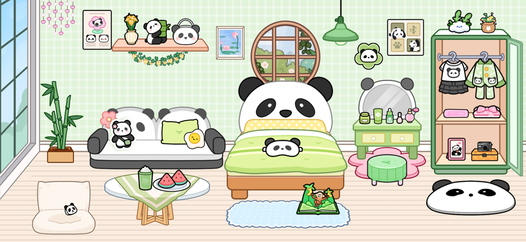 Mia World - A customizable panda themed bedroom in Mia World featuring panda shaped furniture and decorations
