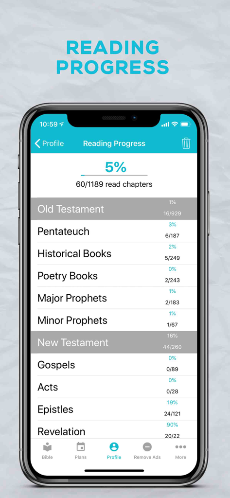 Luther's Bible - Reading progress screen in the Luthers Bible app showing chapters read for various biblical sections