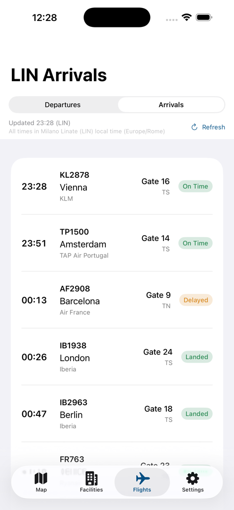 Milano Linate LIN Airport - Horario de llegadas en la aplicación Milano Linate LIN Airport que muestra horarios de vuelos, orígenes y números de puerta.