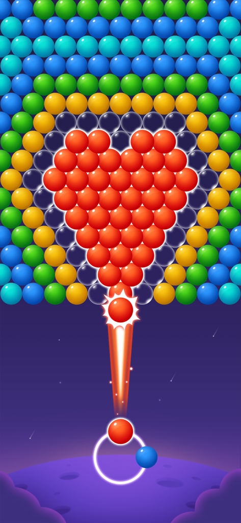 Bubble Shooter - Puzzle Games - A colorful bubble shooter game level with red bubbles in a heart shape