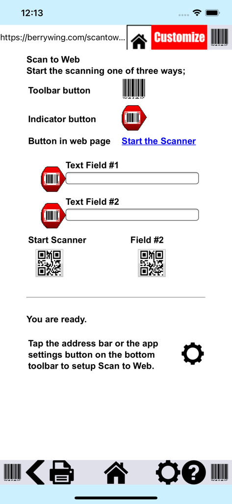 Interfaccia dell'app Barcode Scan to Web che illustra come scansionare codici a barre in moduli web
