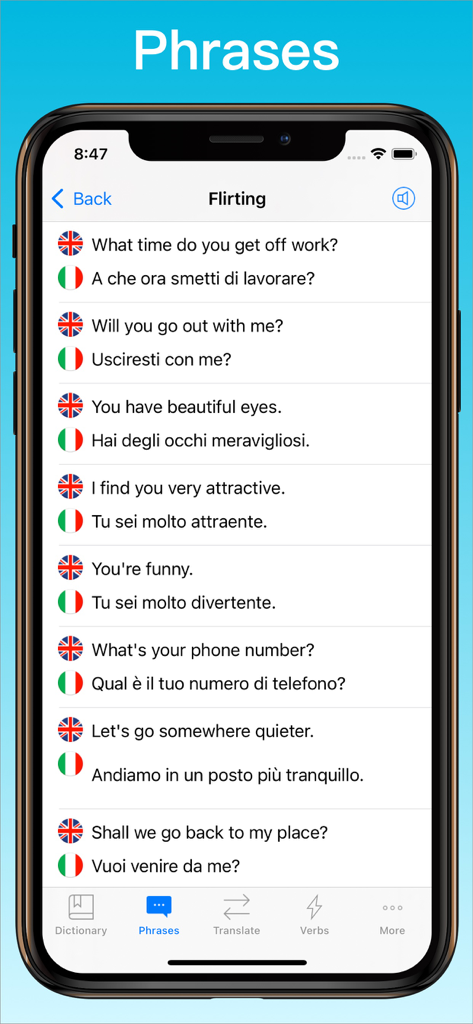 Italian Translator + - Tela do aplicativo Italian Translator mostrando uma lista de frases de flerte de inglês para italiano.