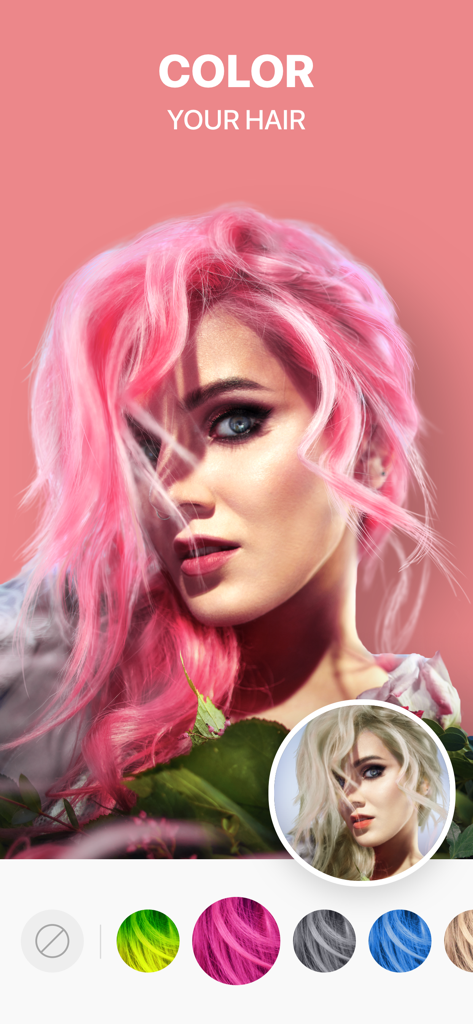 A woman with vibrant pink hair using the EasyGlam AI hair color change tool