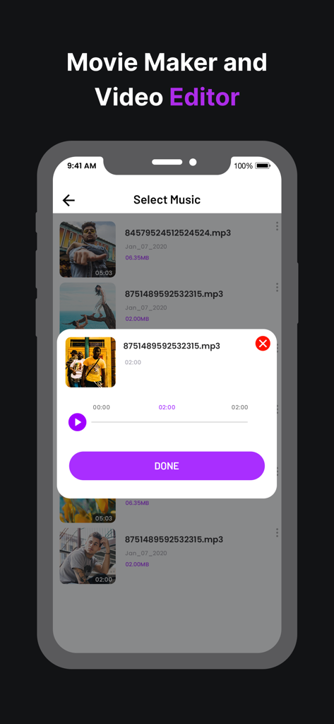 Movie Maker & Video Editor - Interfaz de Movie Maker y Video Editor mostrando un menú de selección de música con una lista de canciones y una ventana de reproducción en un iPhone