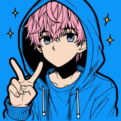 teenage manga boy in a hoodie, doing ✌