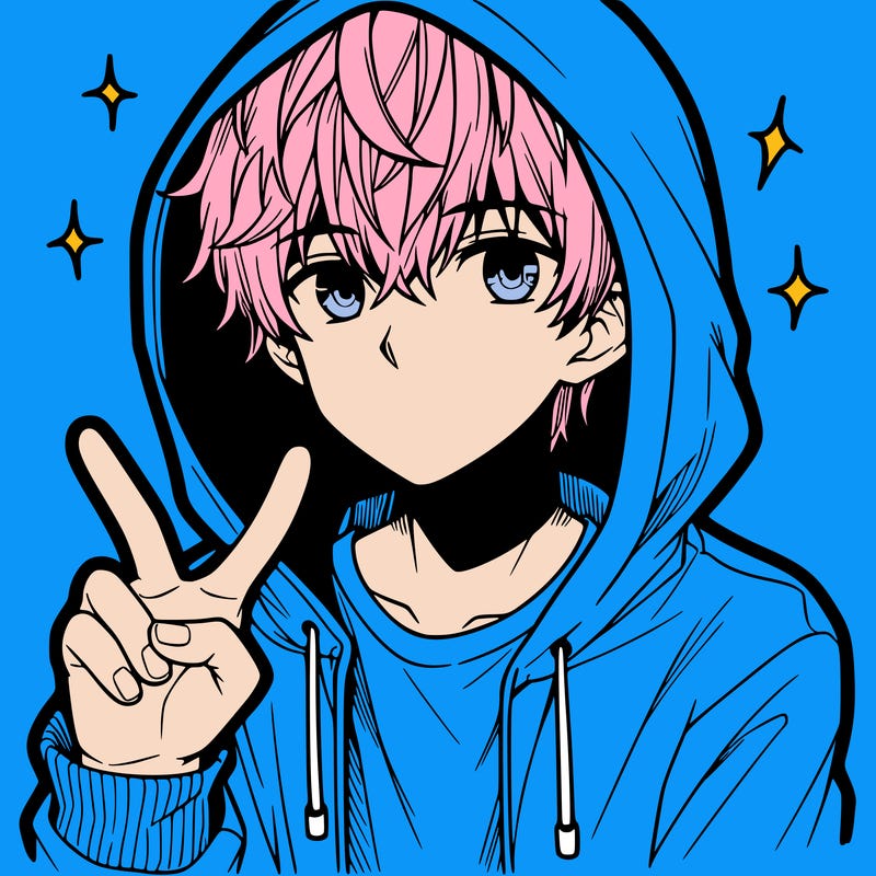 teenage manga boy in a hoodie, doing ✌