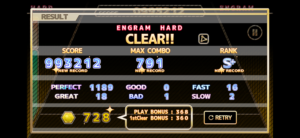 Écran de résultats du jeu musical ChainBeeT montrant un succès de rang S plus avec un score élevé en difficulté difficile