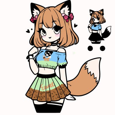eevee girl that has ears and tail wearing crop top and skirt and a very very cute hair style