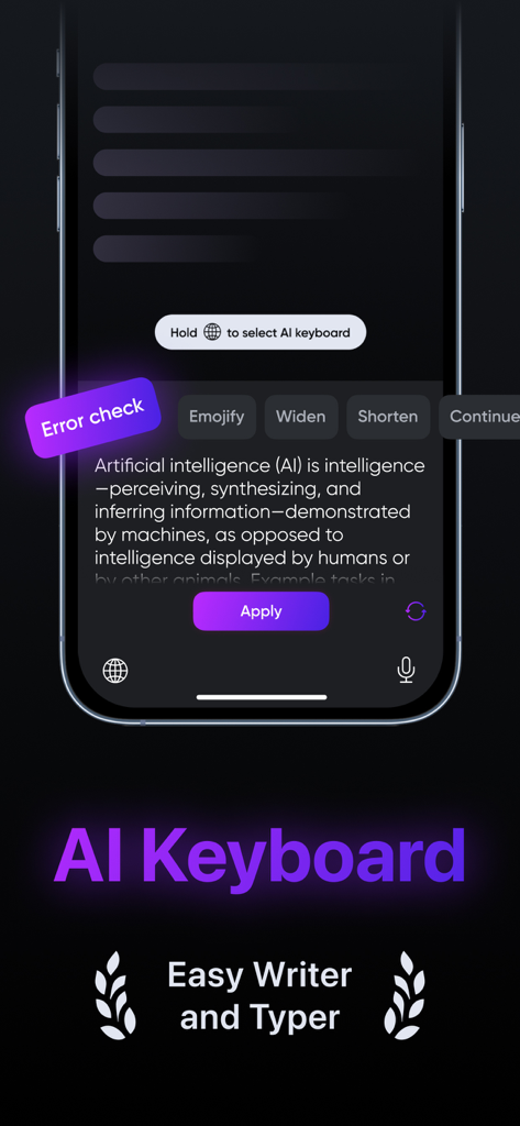 Interfaz de la aplicación Teclado IA en iPhone destacando la corrección de errores y las herramientas de escritura
