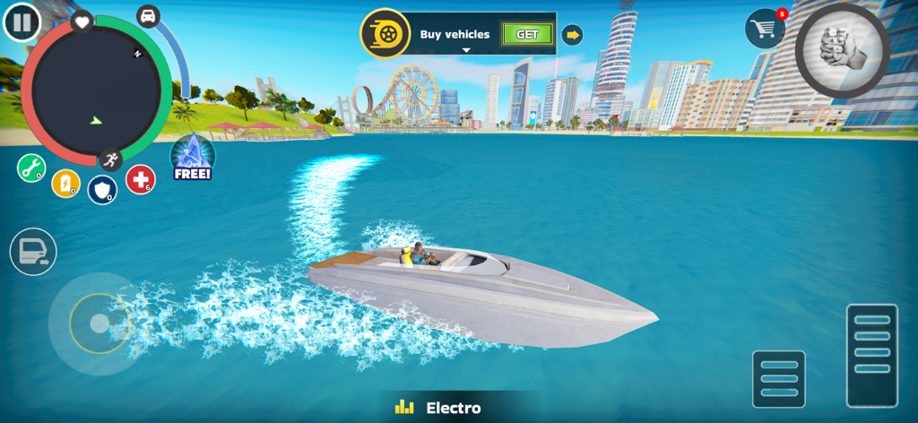 Rope Hero: Mafia City Wars - A character driving a silver speedboat in the open water with a large city skyline and Ferris wheel in the background.