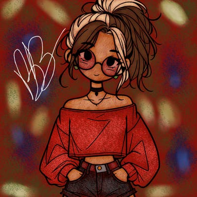 girl with a messy ponytail glasses a baggy crop top and jean shorts