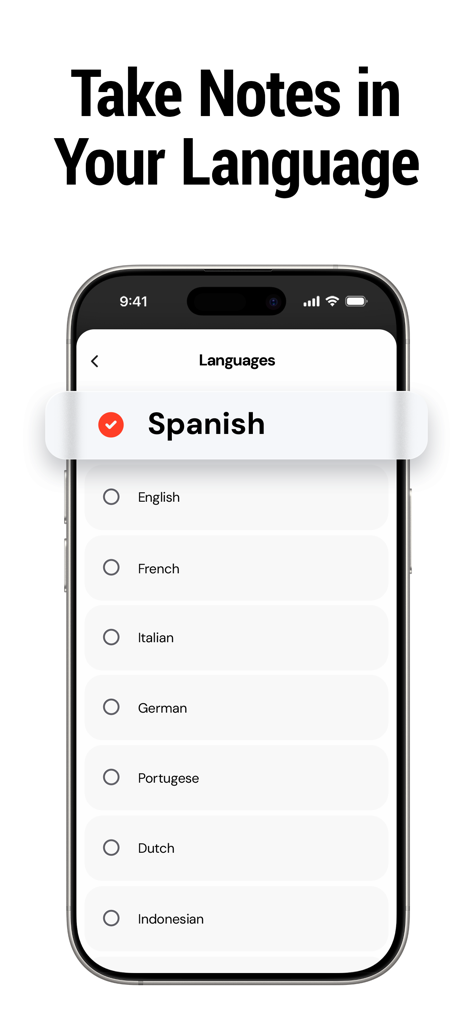 The Benote AI note taker app interface showing a list of supported languages for transcribing notes