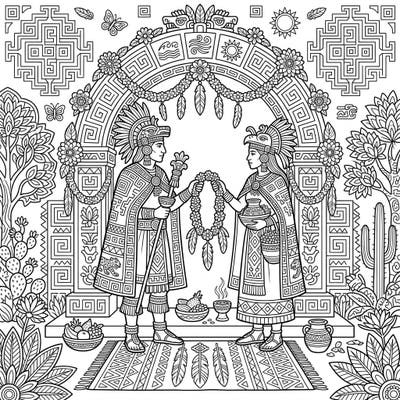 Journey to ancient Mesoamerica with this captivating coloring page depicting an Aztec priests' wedding celebration. Discover a scene rich with cultural symbolism and ceremonial beauty, perfect for a unique creative experience.