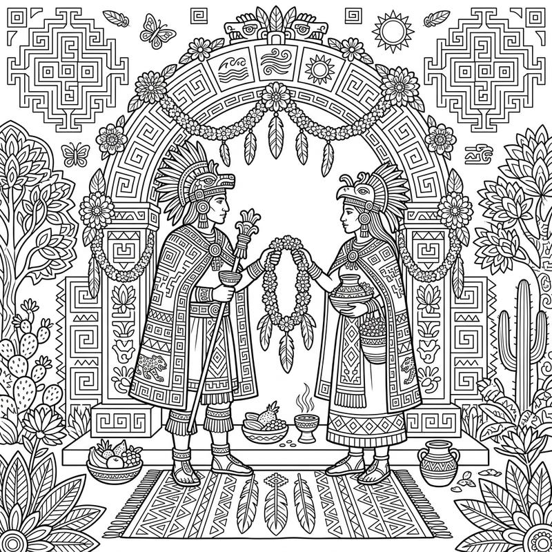 Journey to ancient Mesoamerica with this captivating coloring page depicting an Aztec priests' wedding celebration. Discover a scene rich with cultural symbolism and ceremonial beauty, perfect for a unique creative experience.