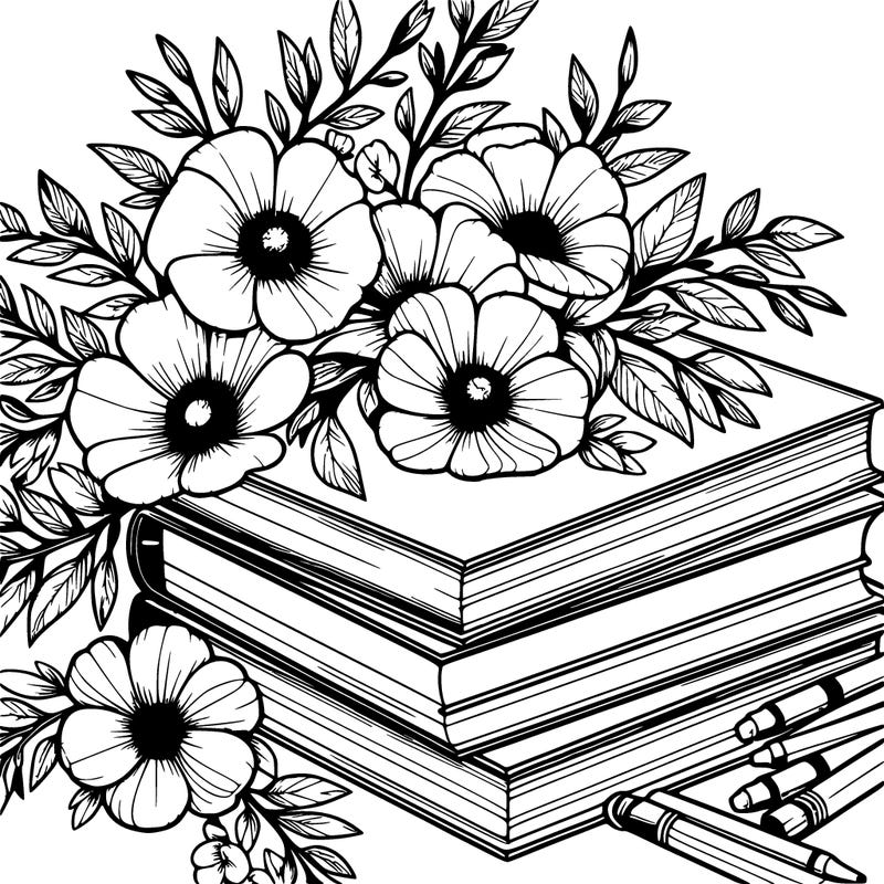 books and flowers realistic