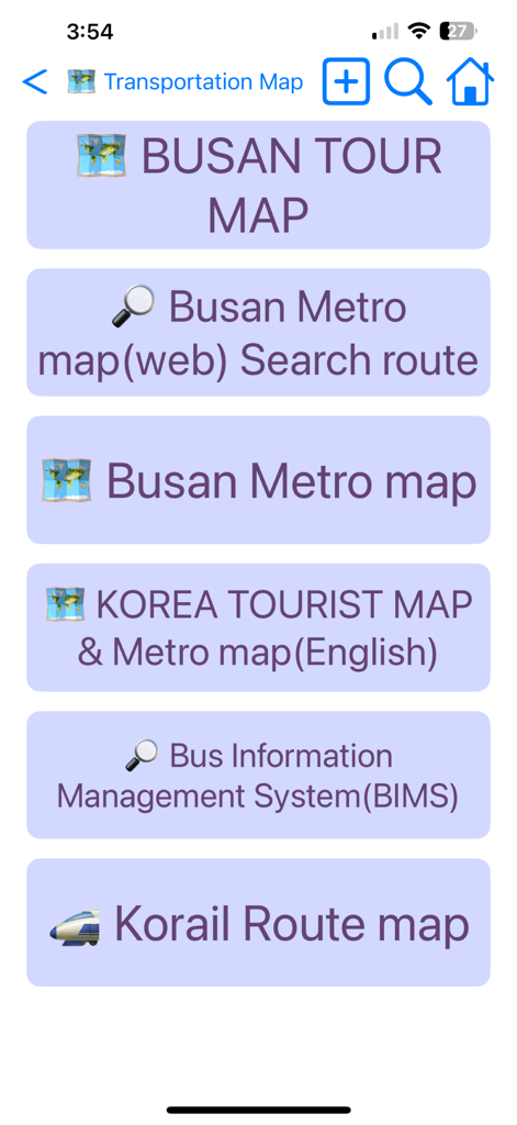 Menu principale dell'app Busan Transport che mostra le opzioni per le mappe del tour della metropolitana e di Korail