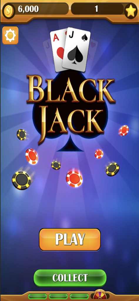 Blackjack 21! Casino Card Game - Start screen of Blackjack 21 Casino Card Game showing a winning hand with falling casino chips and a play button