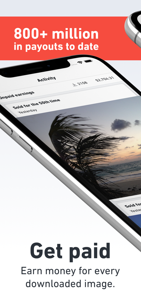 Interfaccia dell'app Shutterstock Contributor che mostra i guadagni e l'attività delle foto stock vendute.