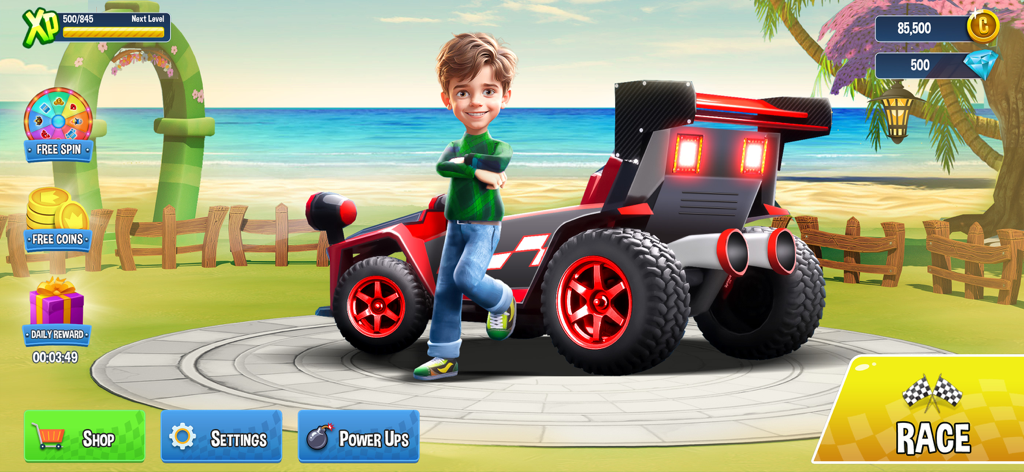 Mini Car Racing Game Legends - Menú principal de Mini Car Racing Game Legends con el personaje Jack y un coche de carreras rojo sobre un fondo de playa