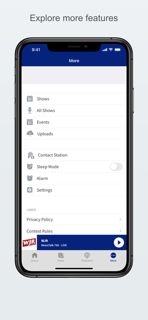 Menu screen of the WJR-AM radio app showing features like shows, events, and settings.