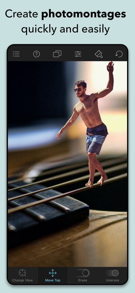 Uma montagem fotográfica surreal de um homem caminhando sobre cordas de guitarra criada com o aplicativo Juxtaposer