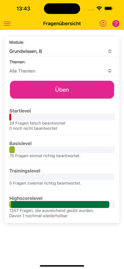 Webtraining - Dashboard dell'app Webtraining che mostra moduli di studio e barre di avanzamento per la preparazione all'esame di teoria della patente di guida