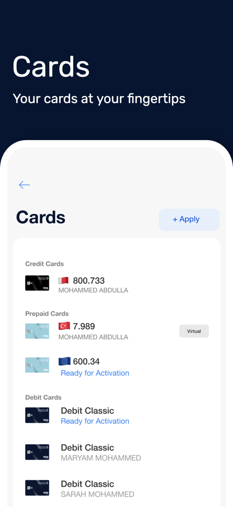 Al Salam Bank Bahrain - Al Salam Bank mobile app screen displaying a list of managed credit, debit, and virtual prepaid cards.
