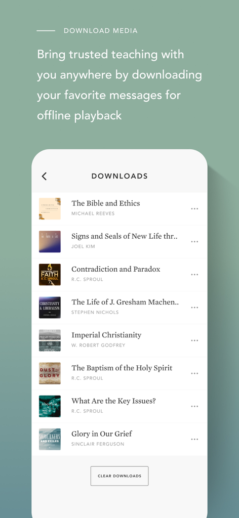 Ligonier Ministries - A mobile interface from the Ligonier app showing a list of downloaded theological teachings for offline playback.