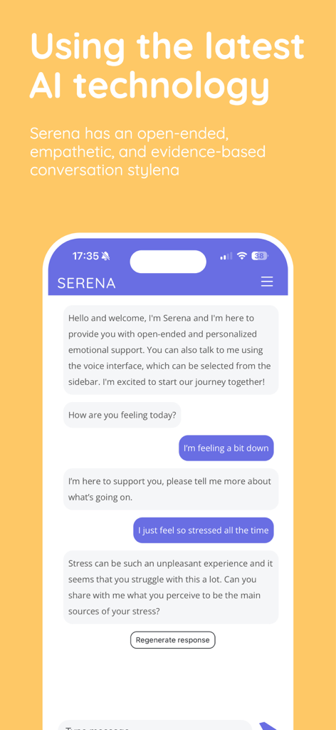Serena: AI Emotional Support - Mobile chat interface of Serena AI showing an empathetic emotional support conversation about stress