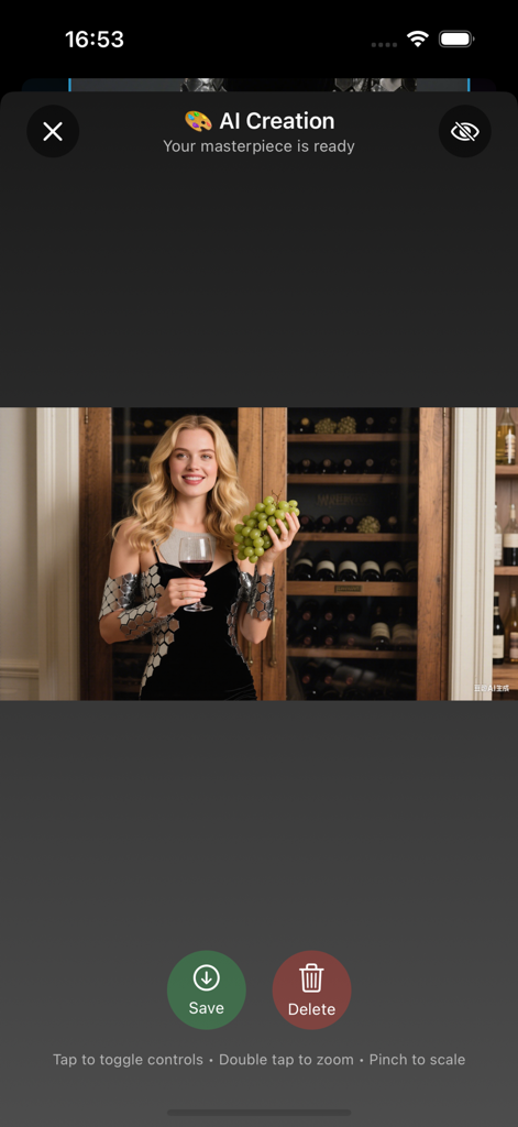 AI-generated fashion masterpiece in Sweeter AI app showing a woman in a wine cellar