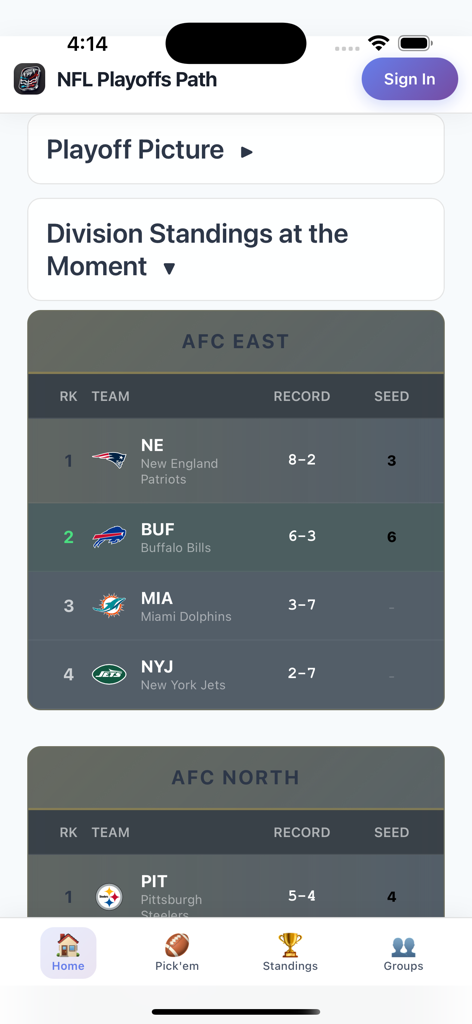 Playoff Path Football - NFL division standings screen in the Playoff Path Football app showing the AFC East rankings and team records