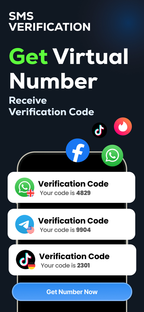 Interfaz de la app SmsCode mostrando números de teléfono virtuales para recibir códigos de verificación por SMS para apps de redes sociales como WhatsApp, Telegram y TikTok