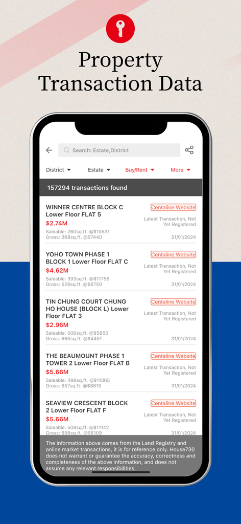 House730 - Search HK Property - Hong Kong real estate transaction history showing property prices and square footage in the House730 app