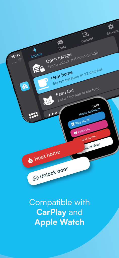 Interface do aplicativo Home Assistant mostrando controles de casa inteligente em telas do Apple CarPlay e Apple Watch.