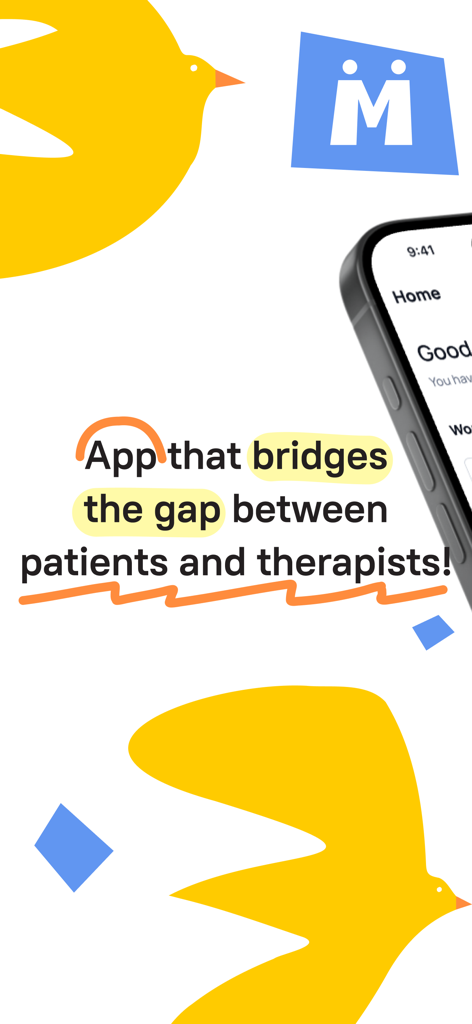 Therappy App - Gráfico de marketing para o App Therappy afirmando que ele preenche a lacuna entre pacientes e terapeutas com ilustrações de pássaros amarelos