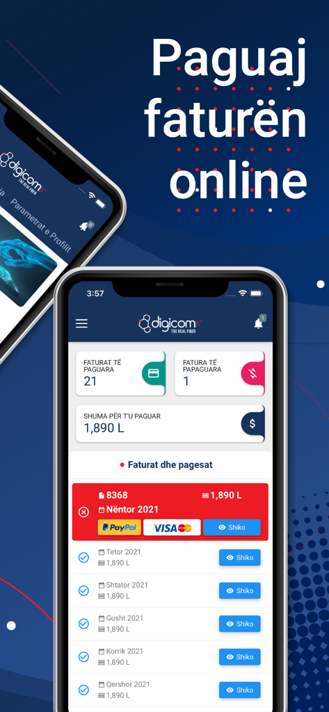 Digicom UP - Interfaz de la aplicación móvil Digicom UP para el pago de facturas en línea y el historial de transacciones