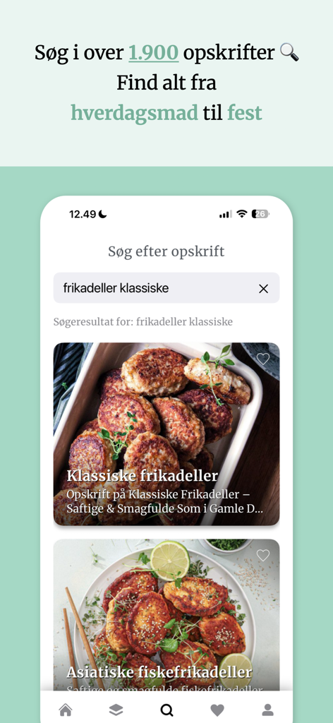 Ecrã de pesquisa da aplicação Gourministeriet exibindo receitas tradicionais e de almôndegas asiáticas.