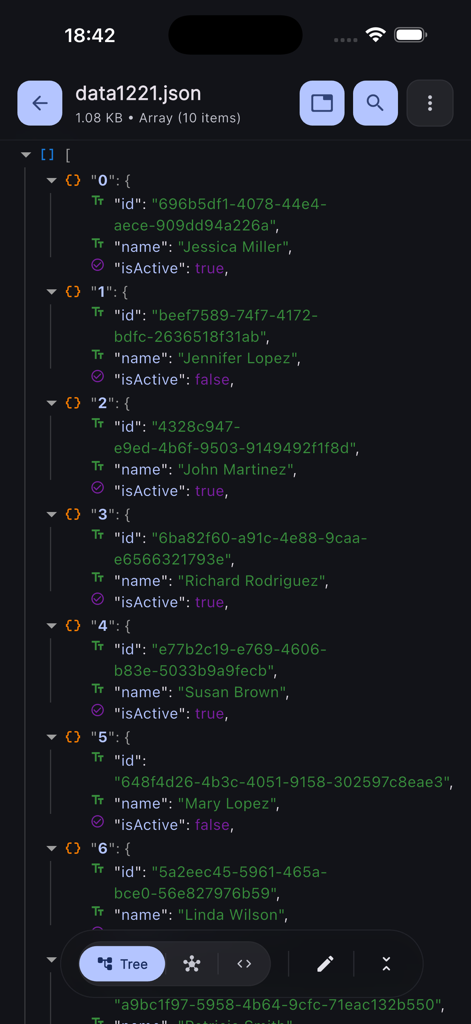 JSON Tools app displaying a data structure in a hierarchical tree view with syntax highlighting in dark mode