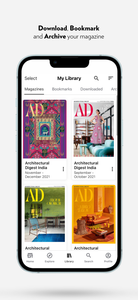 Architectural Digest India - Interface of the Architectural Digest India app showing the My Library screen with multiple magazine issues