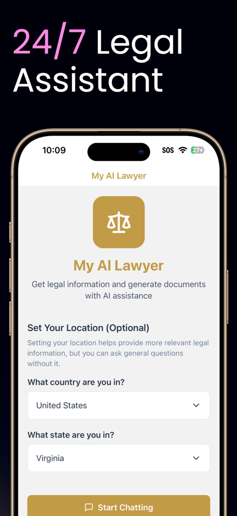 My AI Lawyer - Home screen of the My AI Lawyer app showing location selection for Virginia and a start chatting button