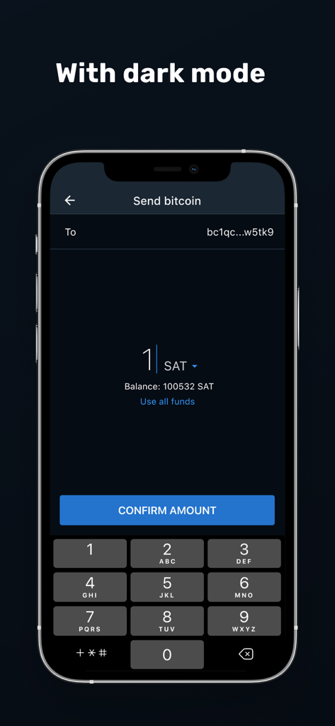 Muun Wallet - Muun Wallet app interface in dark mode showing the send bitcoin screen with amount entry in SAT