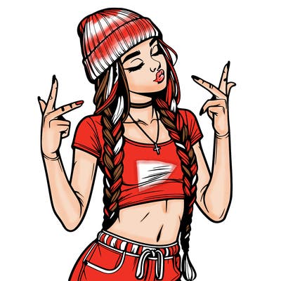 realistic teenage girl with braids and a beanie and crop top doing 🫶🏼