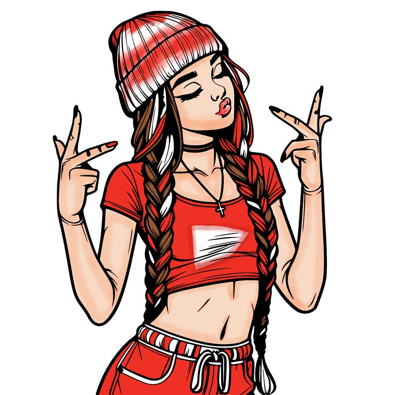 realistic teenage girl with braids and a beanie and crop top doing 🫶🏼