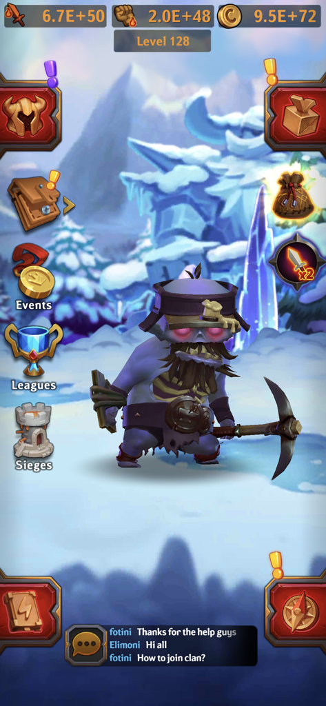 リソースカウンターとチャットを備えた雪景色の中でアンデッドマイナーキャラクターをフィーチャーしたDungeon Crusher AFK Heroesのゲームプレイ画面。